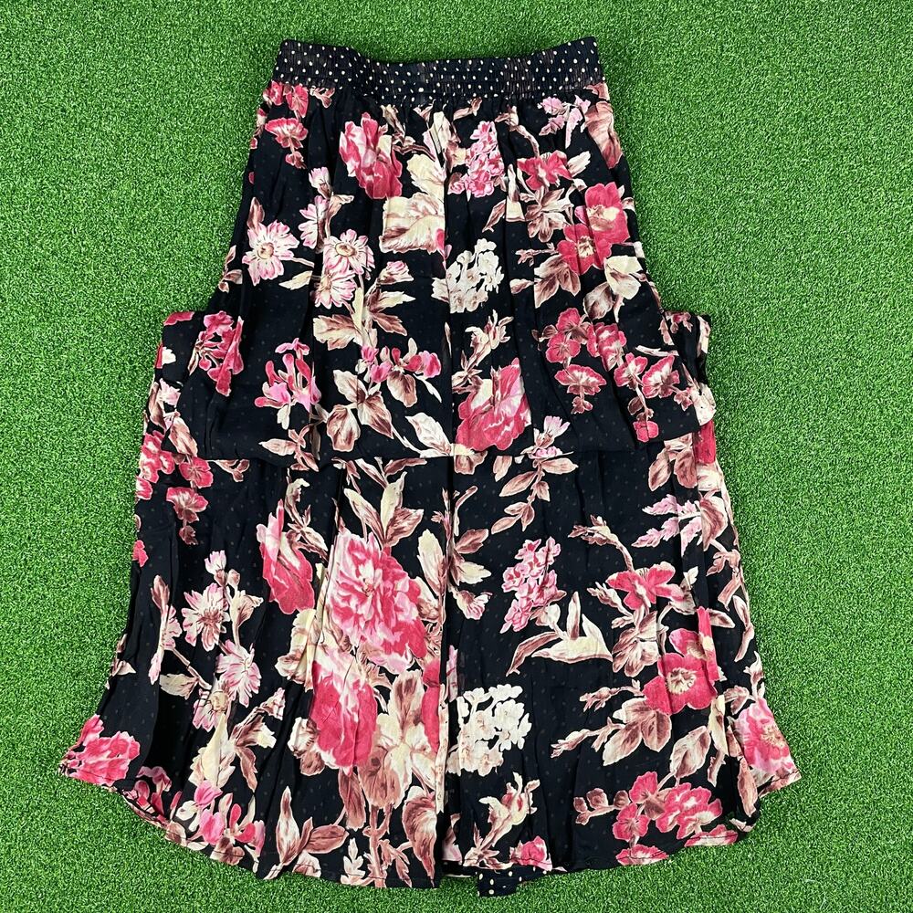 Vintage Floral Polka Dot Cottagecore Prairie Boho Reversible Maxi Skirt Sz XS